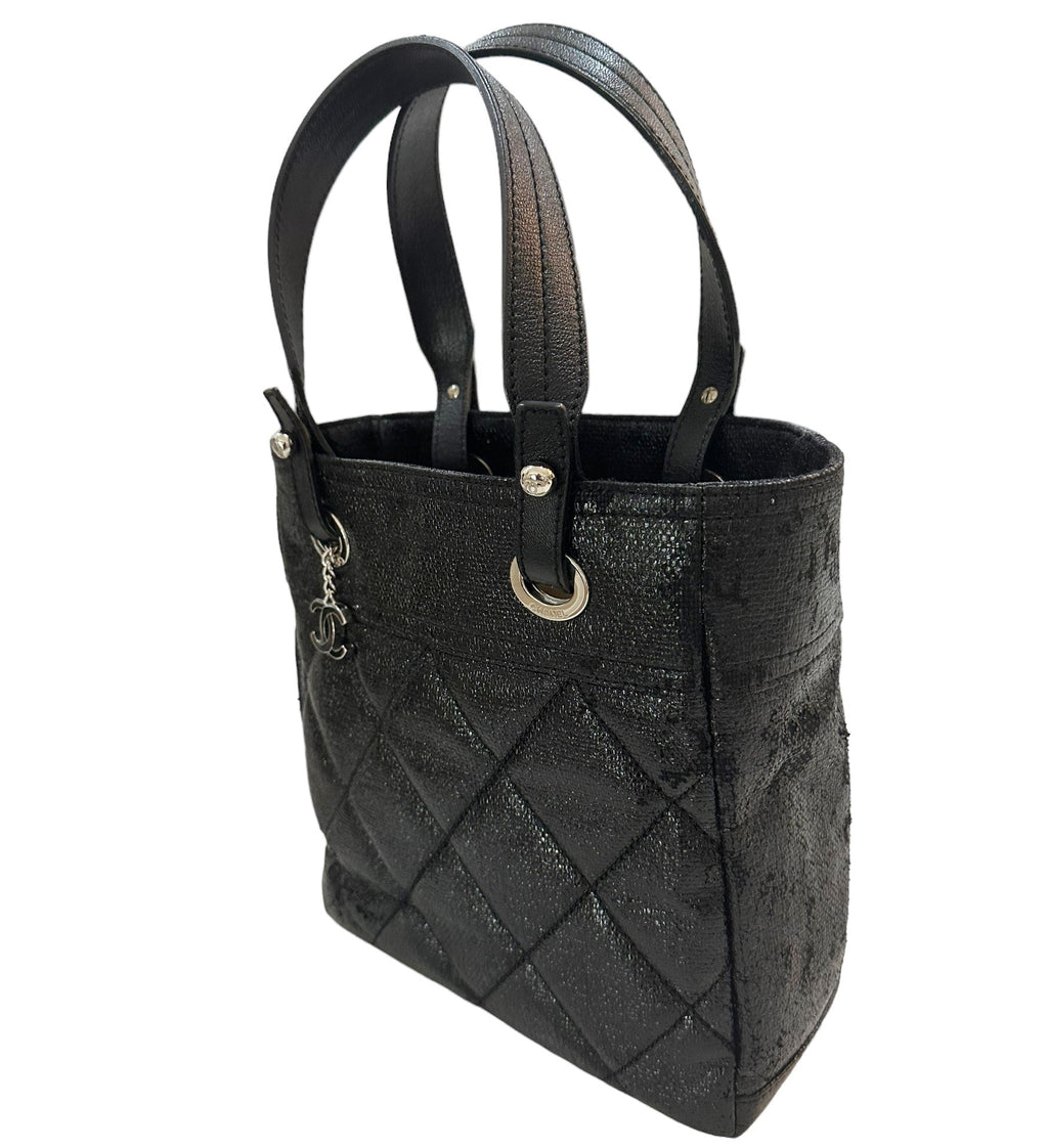 CHANEL Paris Biarritz Tote Black Coated Canvas Leather Small Tote Bag Black