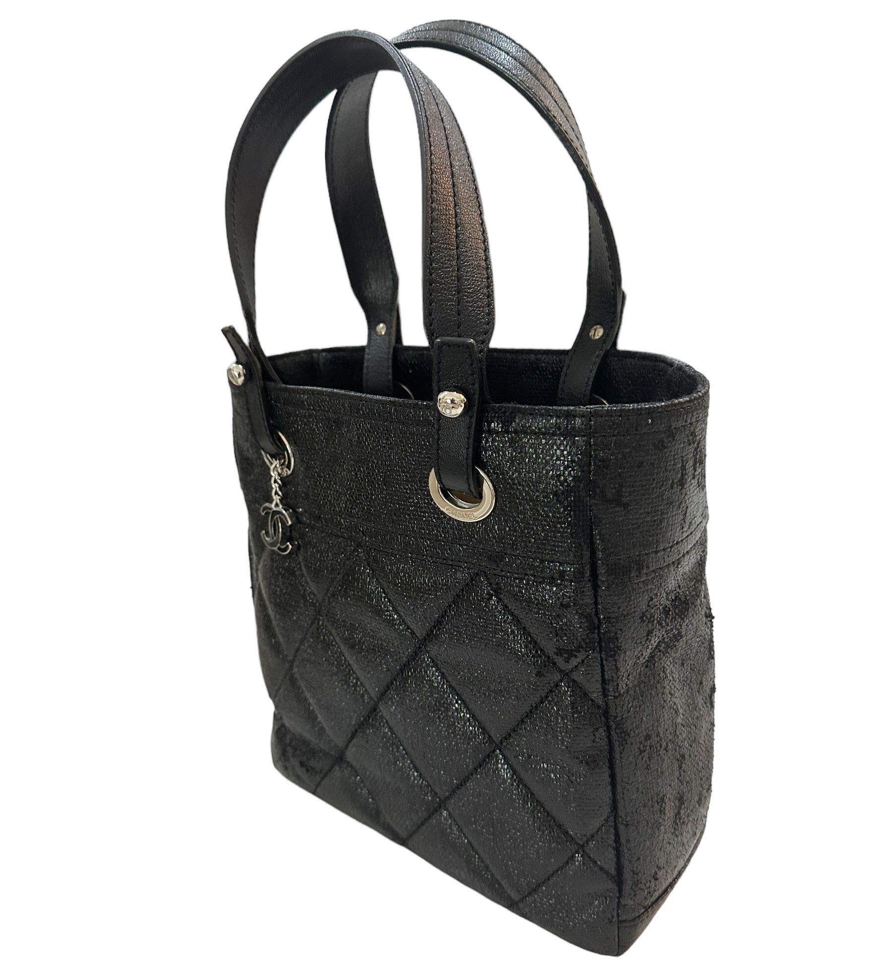 CHANEL Paris Biarritz Tote Black Coated Canvas Leather Small Tote Bag Black