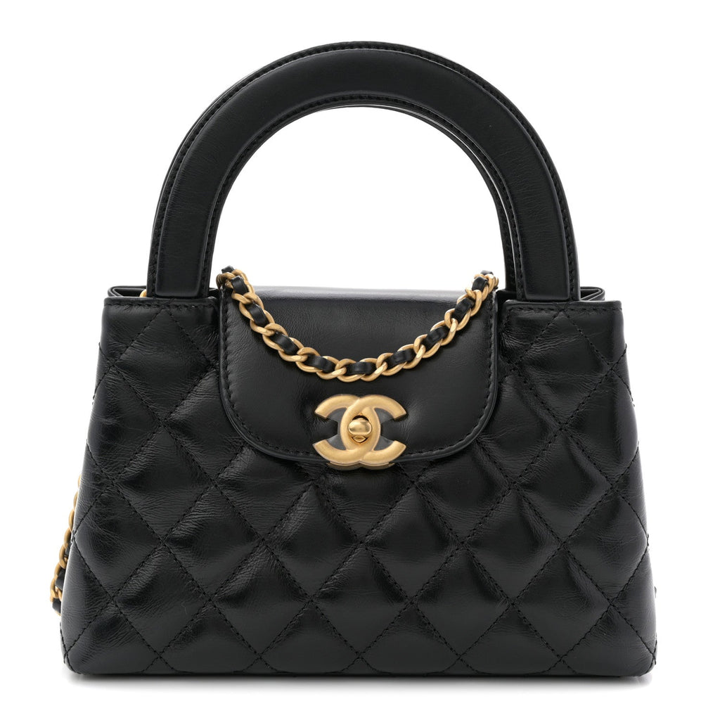 Chanel Shiny Aged Calfskin Quilted Nano Kelly Shopper Black