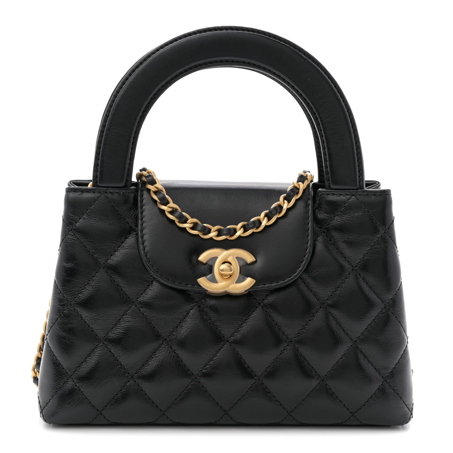 Chanel Shiny Aged Calfskin Quilted Nano Kelly Shopper Black