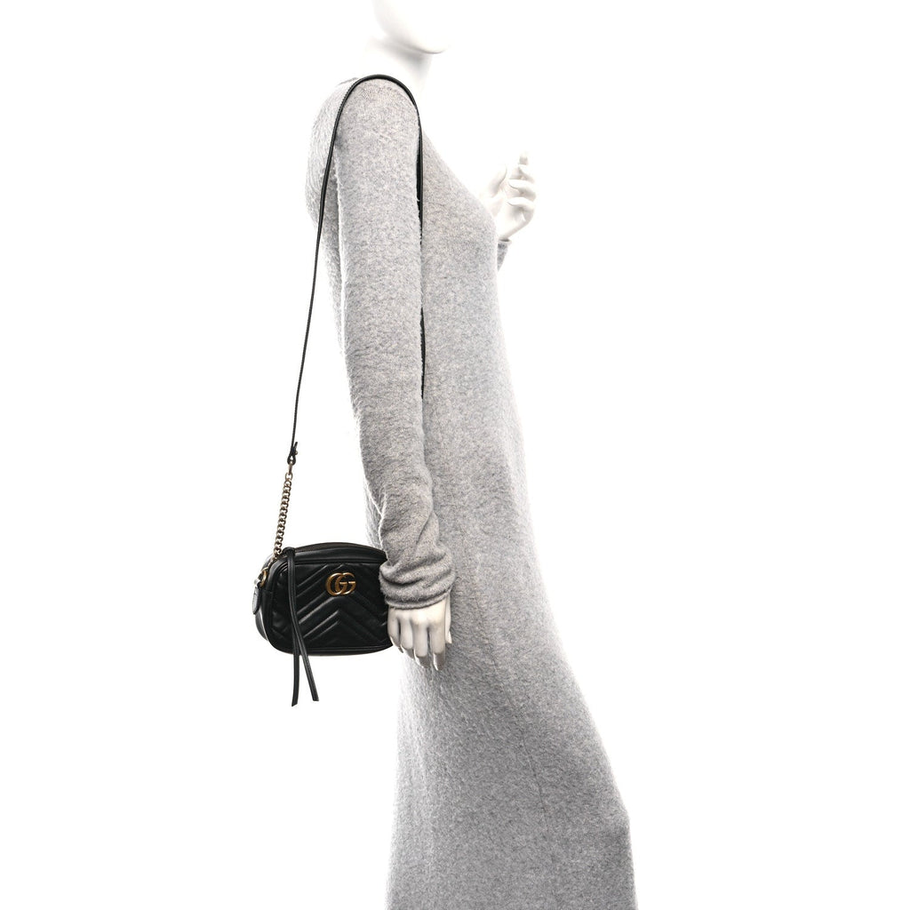 Gucci Calfskin Matelasse Mini GG Marmont Chain Shoulder Bag Black