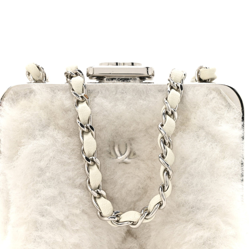 Chanel Shearling Sheepskin Lambskin Quilted Clutch With Chain White