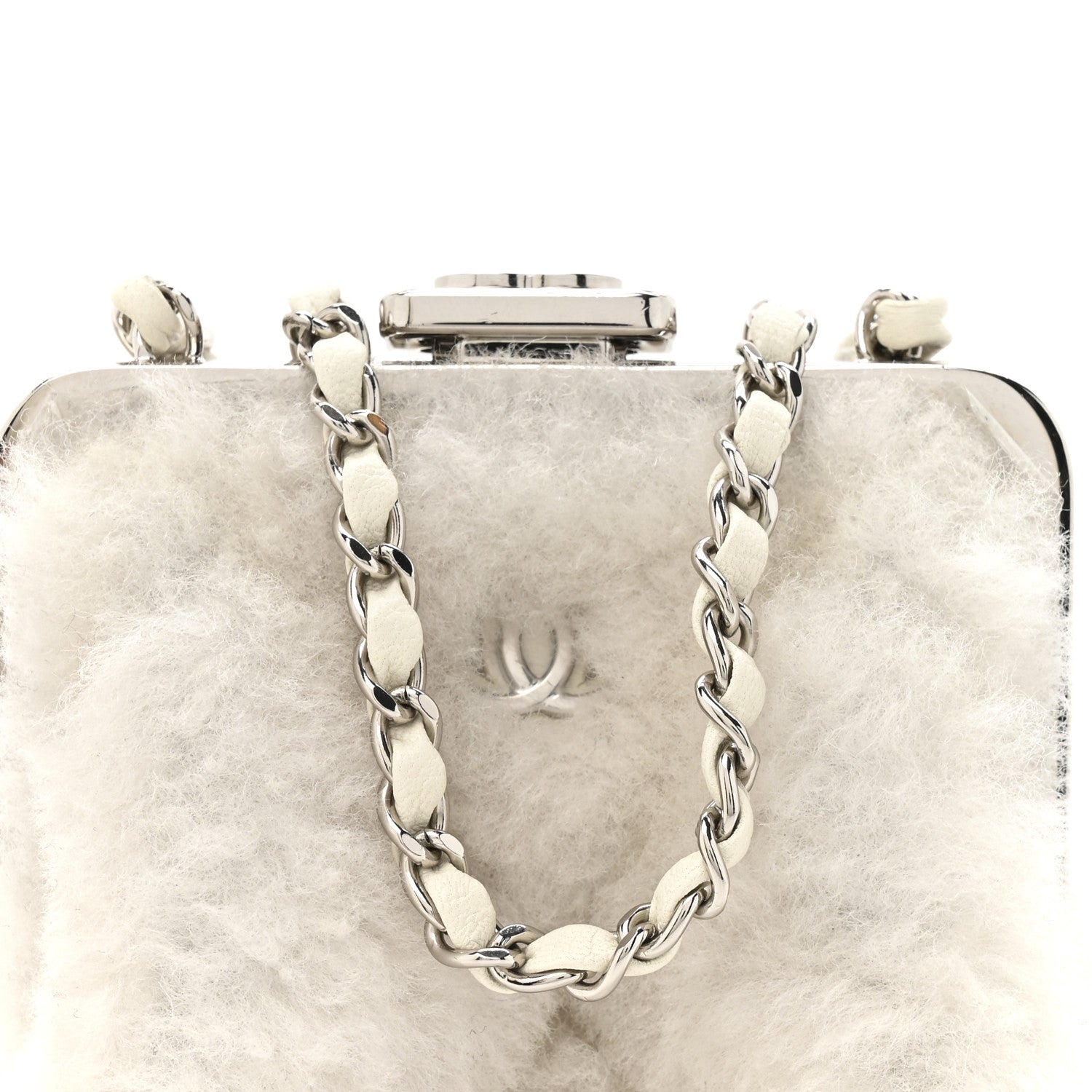 Chanel Shearling Sheepskin Lambskin Quilted Clutch With Chain White