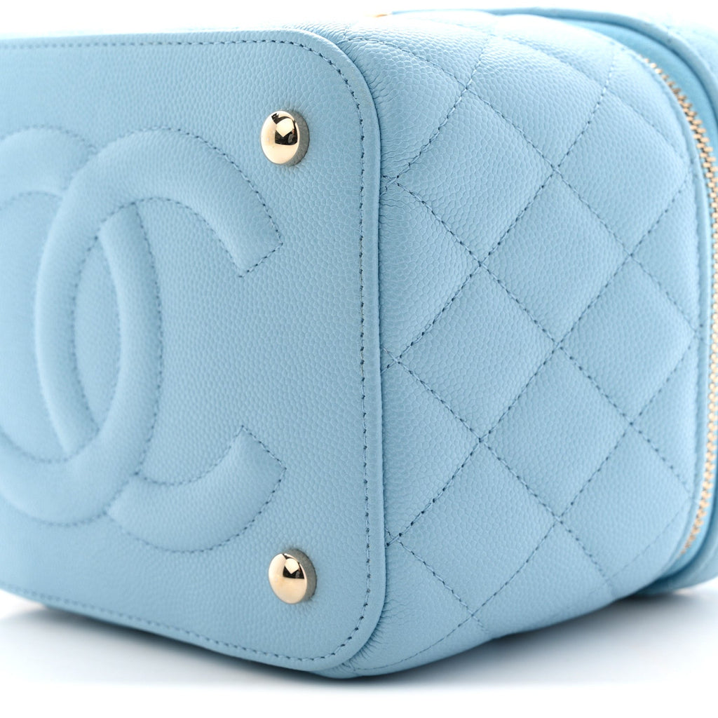 Chanel Caviar Quilted Top Handle Vanity Case With Chain Blue