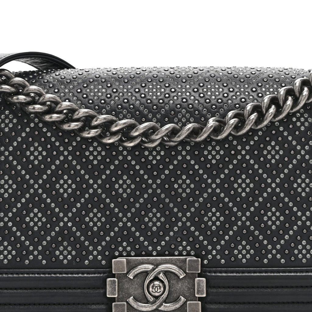 Chanel Calfskin Crystal Studded Quilted Medium Boy Flap  Black