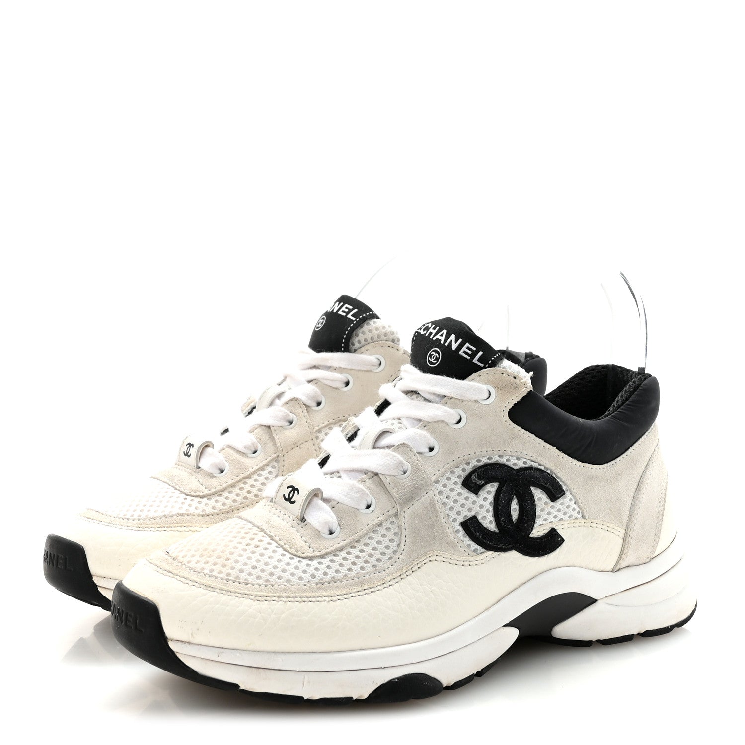 Mesh Suede Calfskin Grained Calfskin Womens CC Sneakers 36 White Black