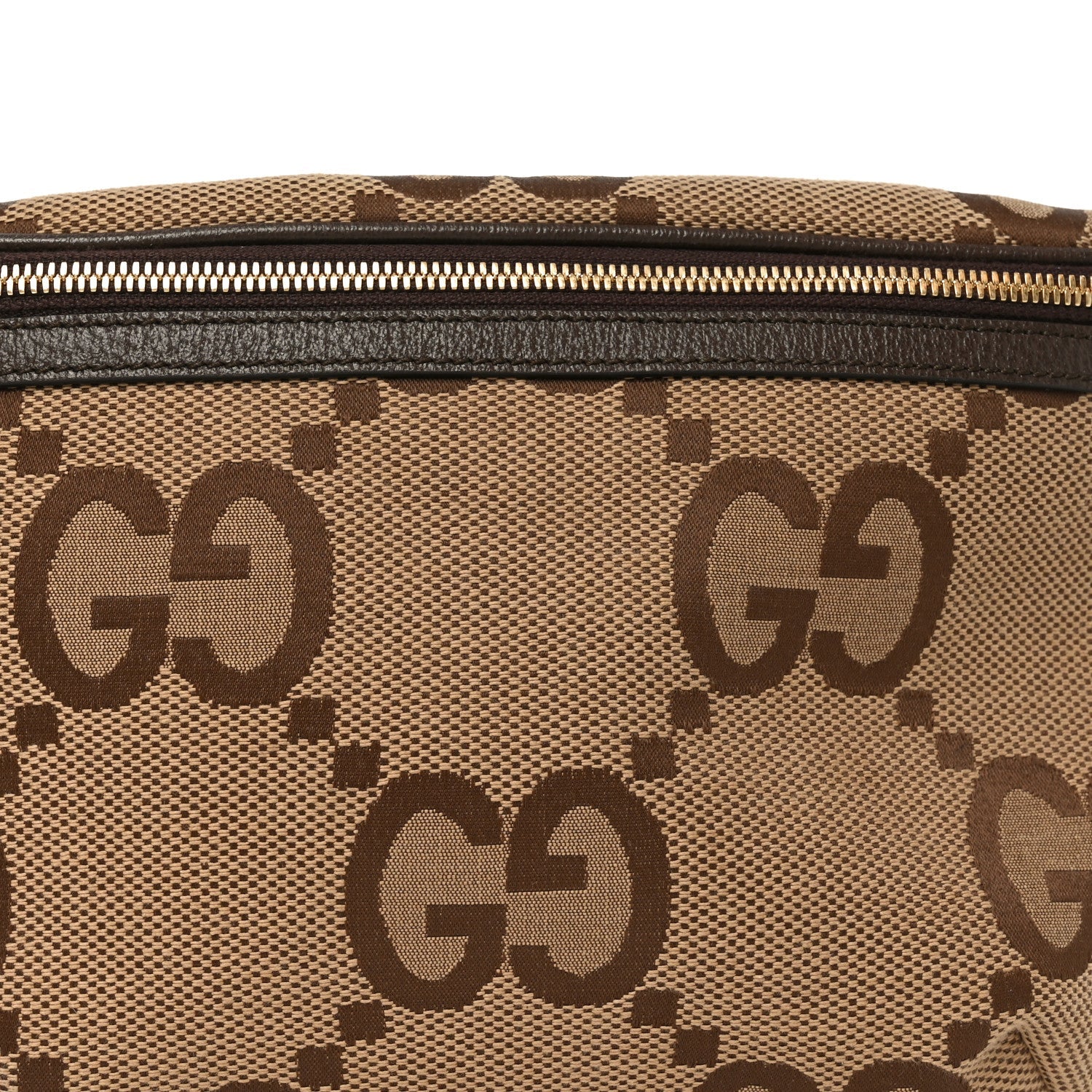 Gucci Monogram Jumbo GG Textured Dollar Calfskin Web Belt Bag Camel Ebony New Acero