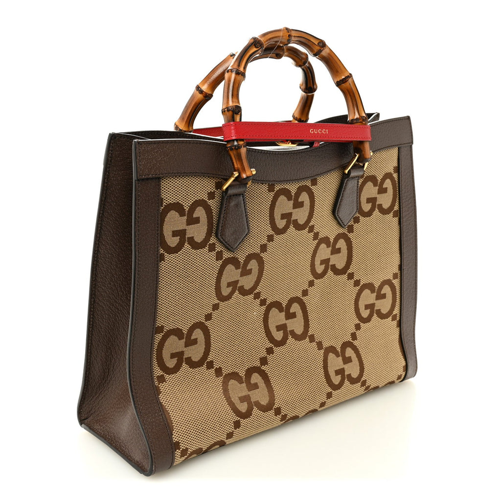 Gucci Monogram Jumbo GG Textured Dollar Calfskin  Medium Diana Tote Bag Camel Ebony New Acero Pomegranate Red