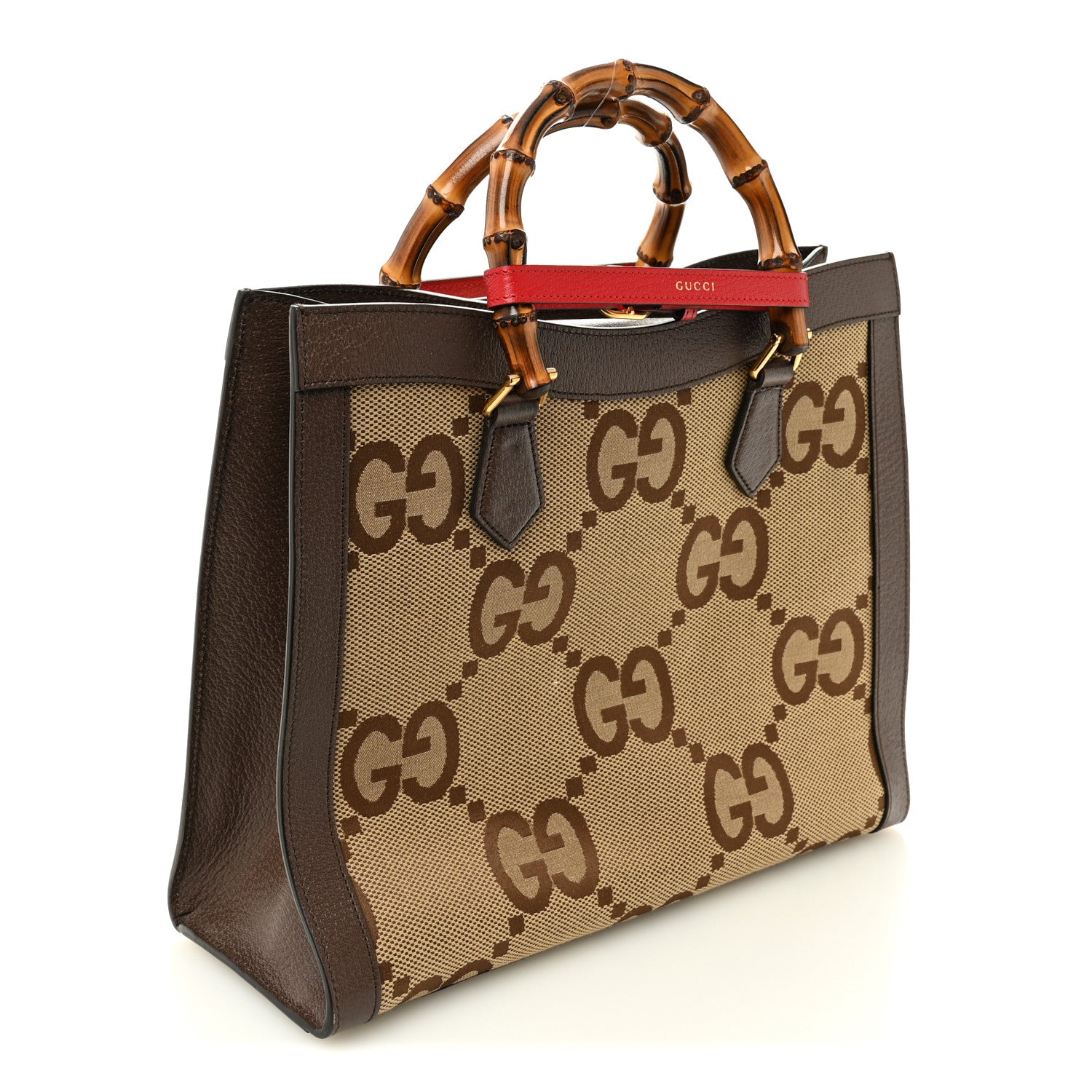 Gucci Monogram Jumbo GG Textured Dollar Calfskin  Medium Diana Tote Bag Camel Ebony New Acero Pomegranate Red