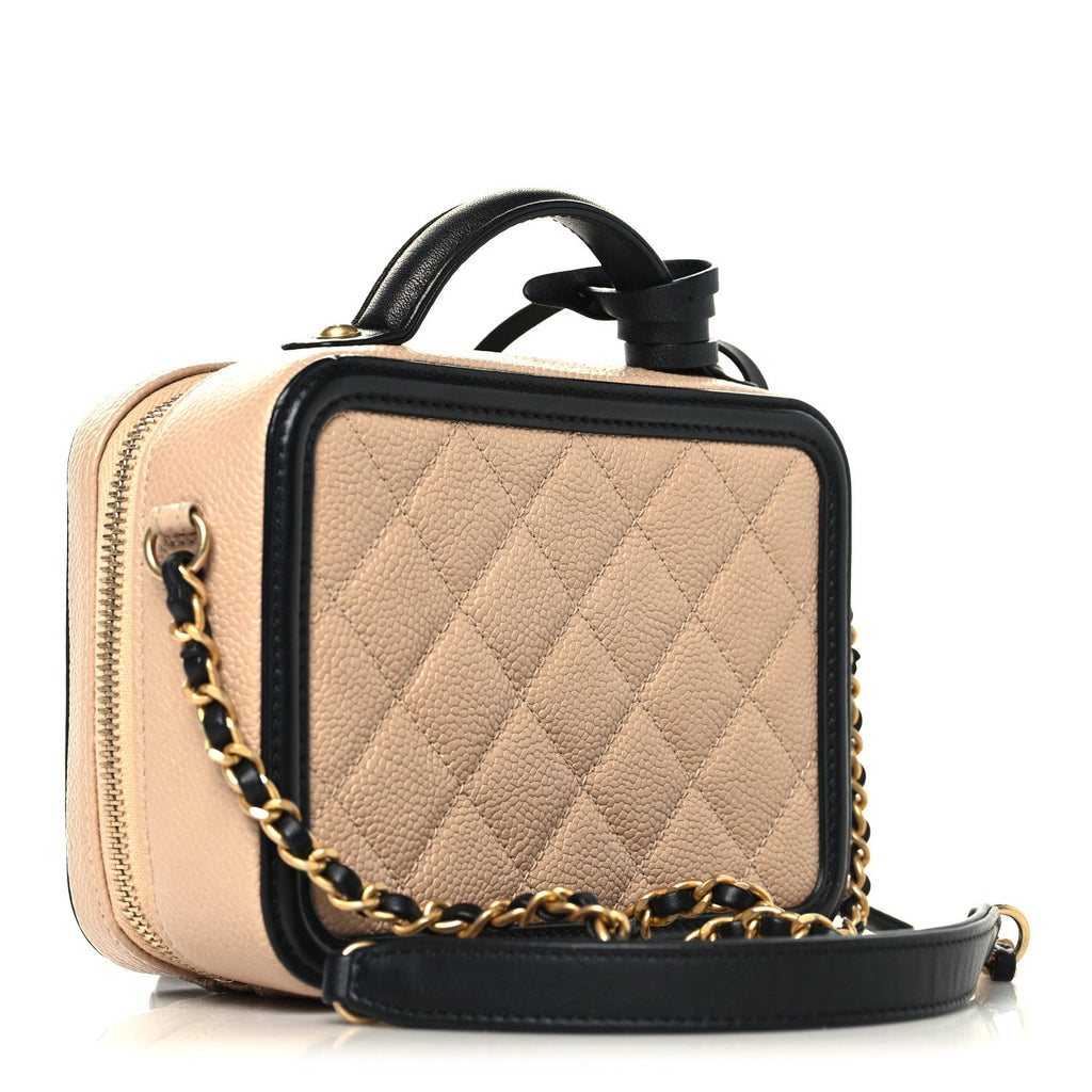 Chanel Caviar Quilted Small CC Filigree Vanity Case Beige Black