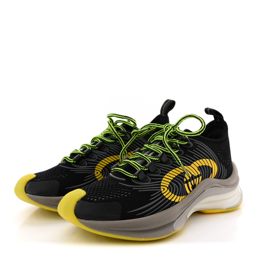 Gucci Technical Knit Fabric Waves Womens Gucci Run Sneakers 35 Black Silver Giallo Neon Yellow