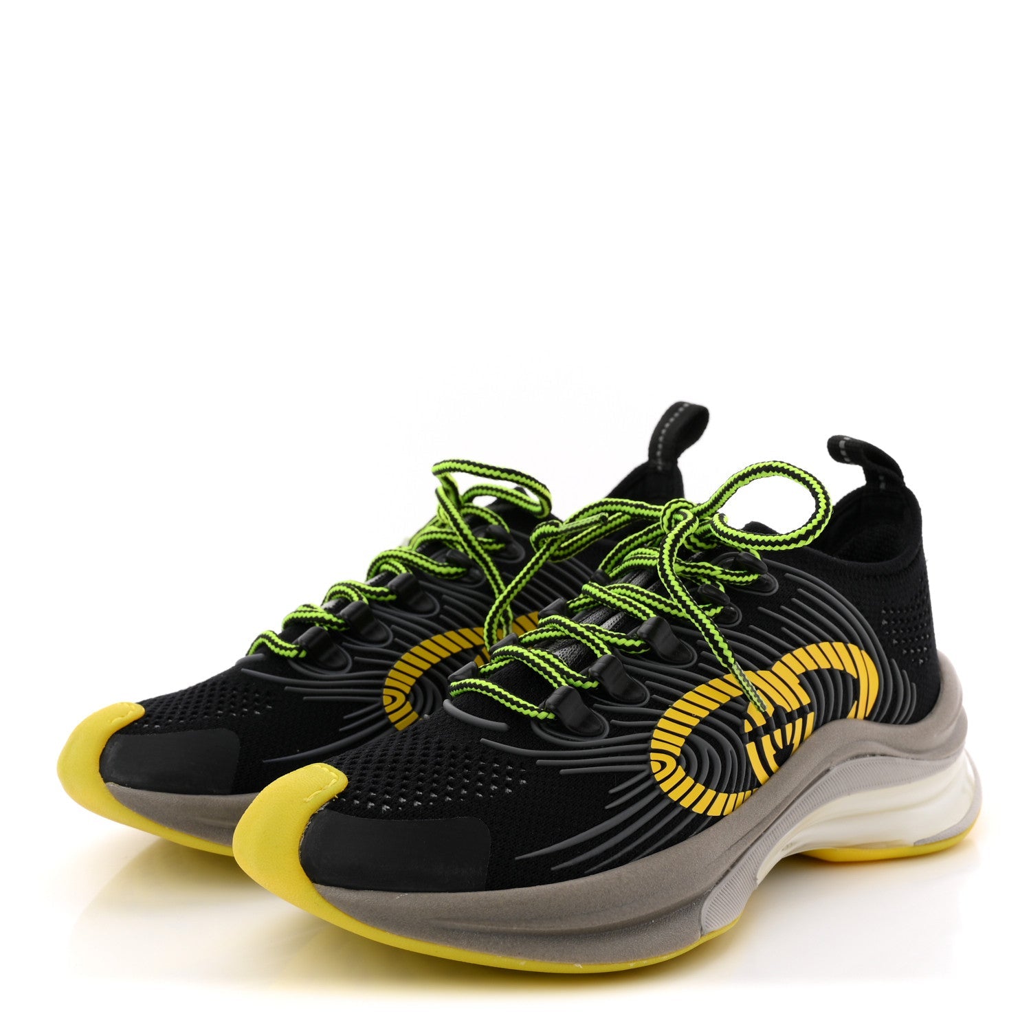 Gucci Technical Knit Fabric Waves Womens Gucci Run Sneakers 35 Black Silver Giallo Neon Yellow