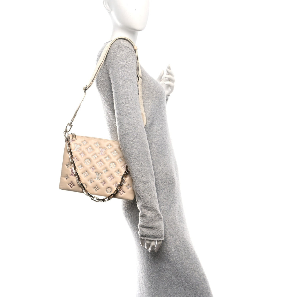 Louis Vuitton Lambskin Swarovski Crystal Embossed Monogram Coussin PM Nude