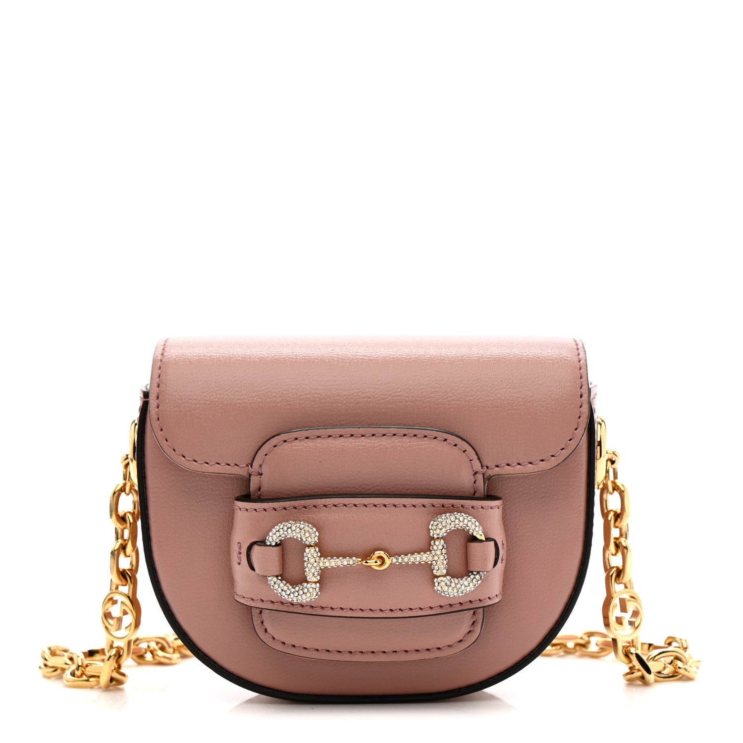 Gucci Azalea Calfskin Crystal GG Monogram Mini Horsebit 1955 Waist Bag Pink