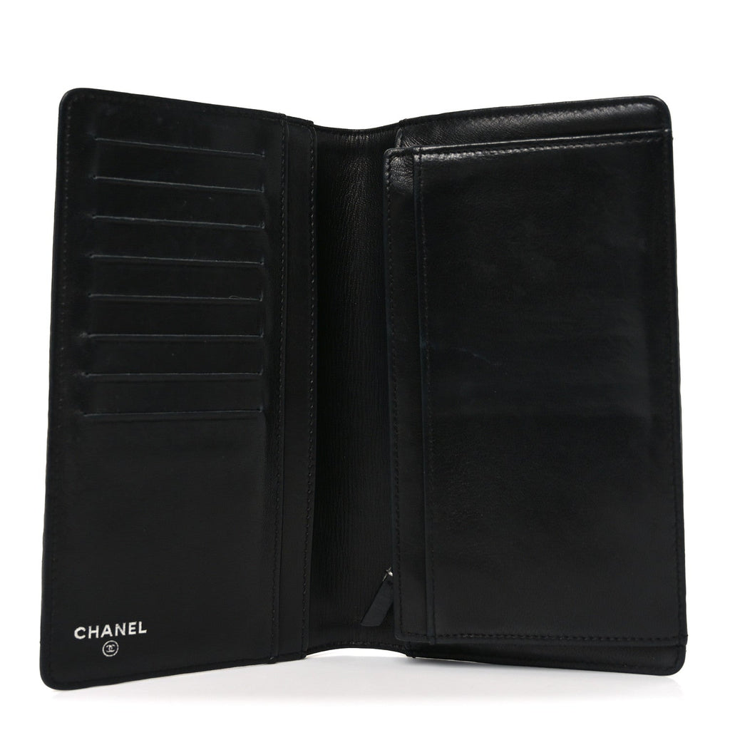 Lambskin Camellia Embossed Yen Wallet Black