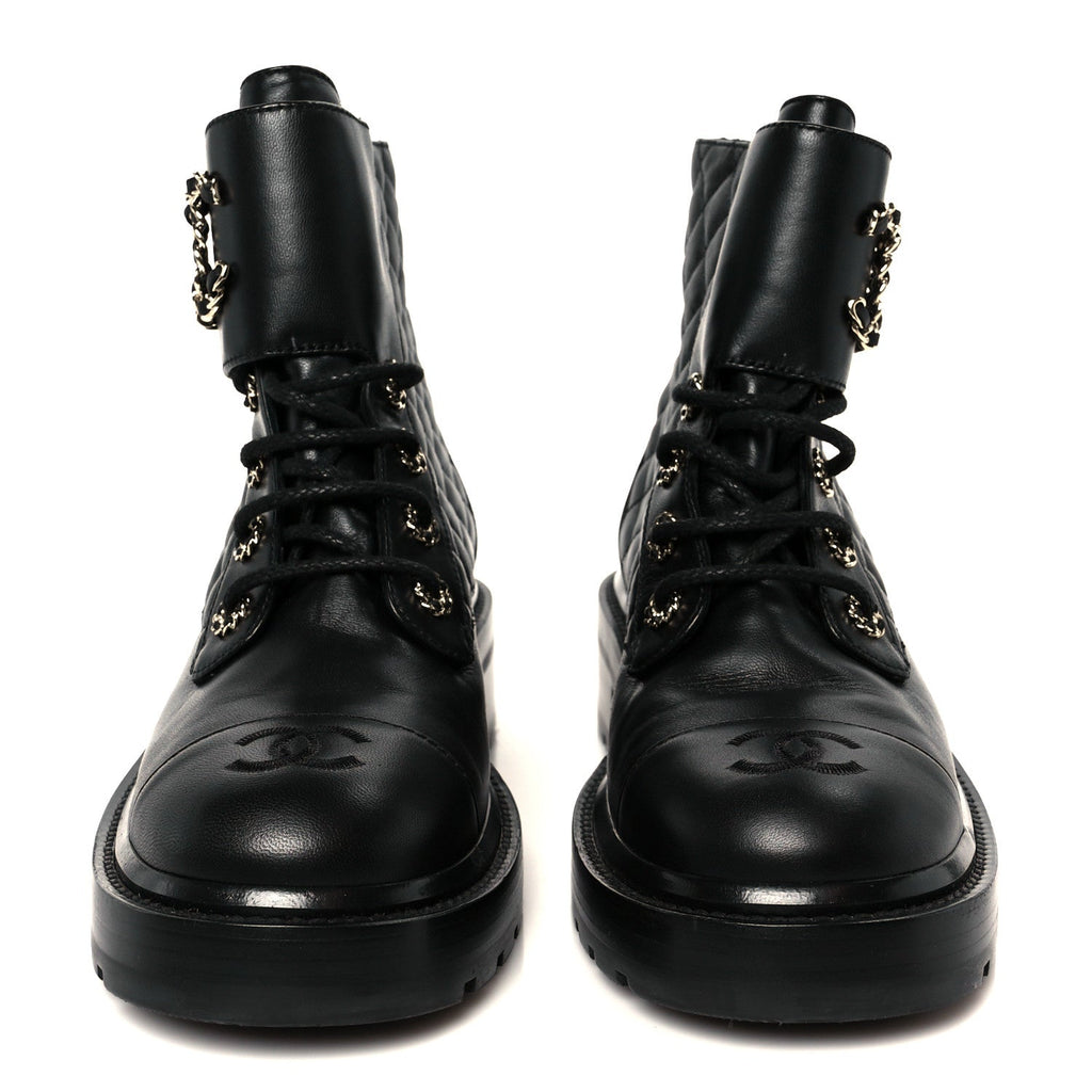 Chanel Shiny Lambskin Quilted Lace Up Combat Boots 39 Black