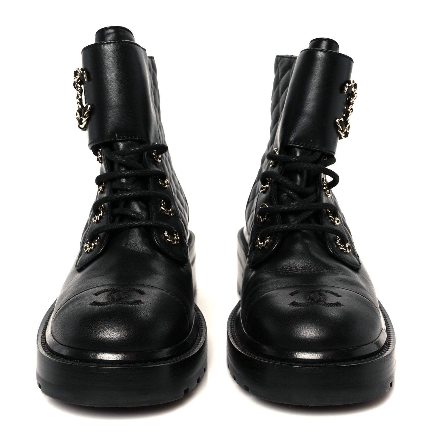 Chanel Shiny Lambskin Quilted Lace Up Combat Boots 39 Black