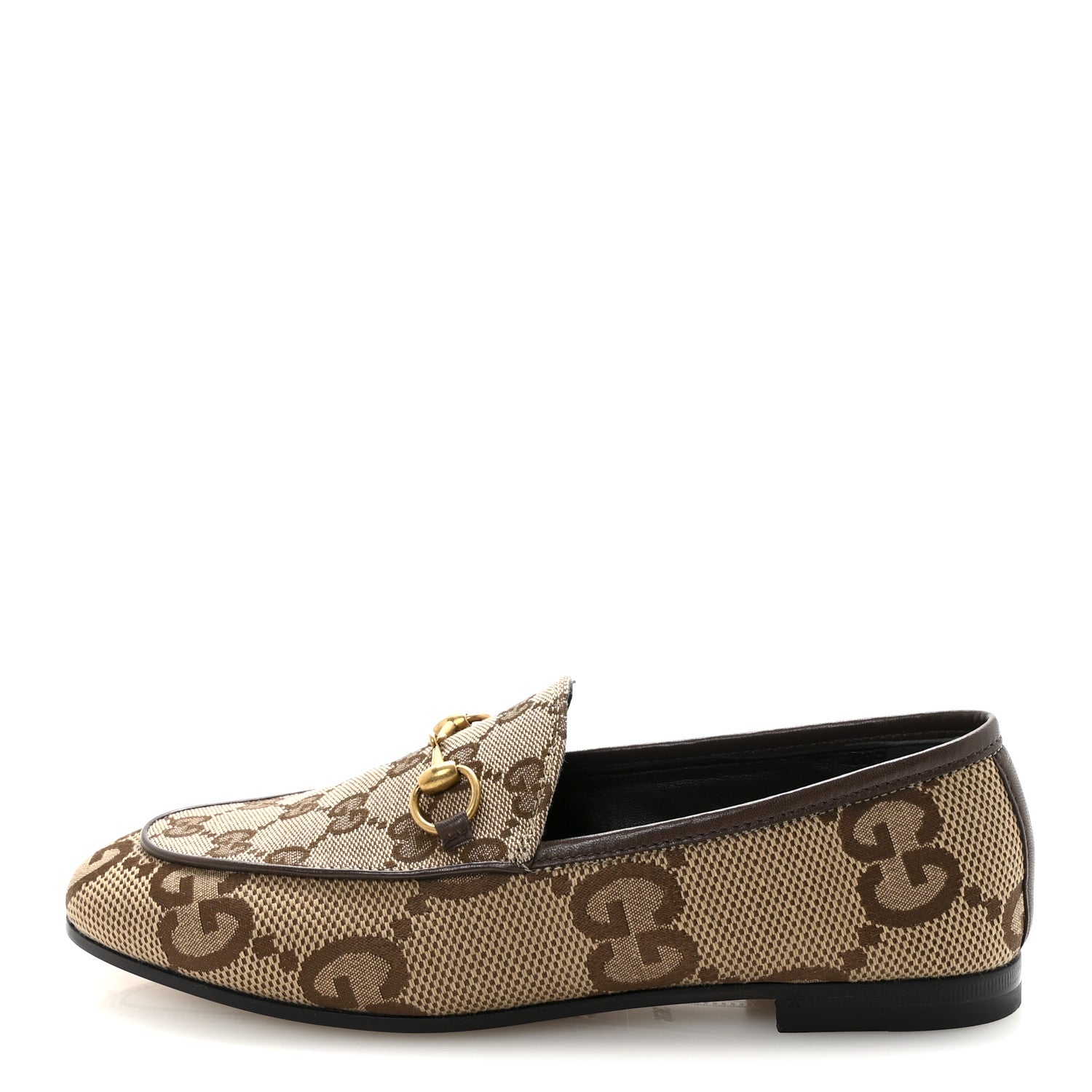 Gucci Monogram Jumbo GG Malaga Kid Horsebit Womens Jordaan Loafers 36.5 Camel Ebony New Acero Beige