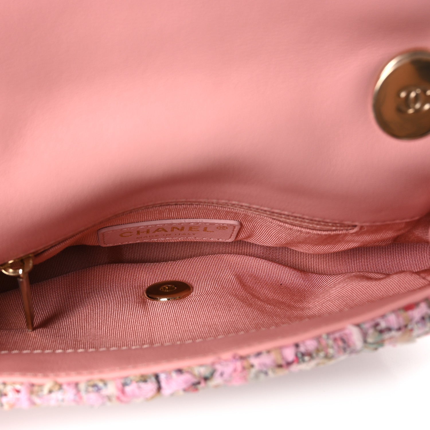 Chanel Tweed Mini Pearl Handle Flap Pink Beige Orange Ecru