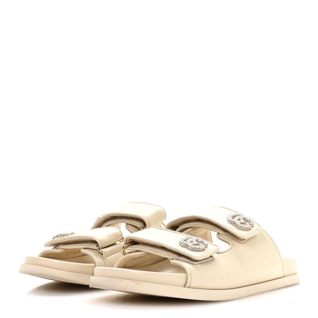 Gucci Calfskin Double G Crystal Womens Isla Dad Sandals 37 Ivory