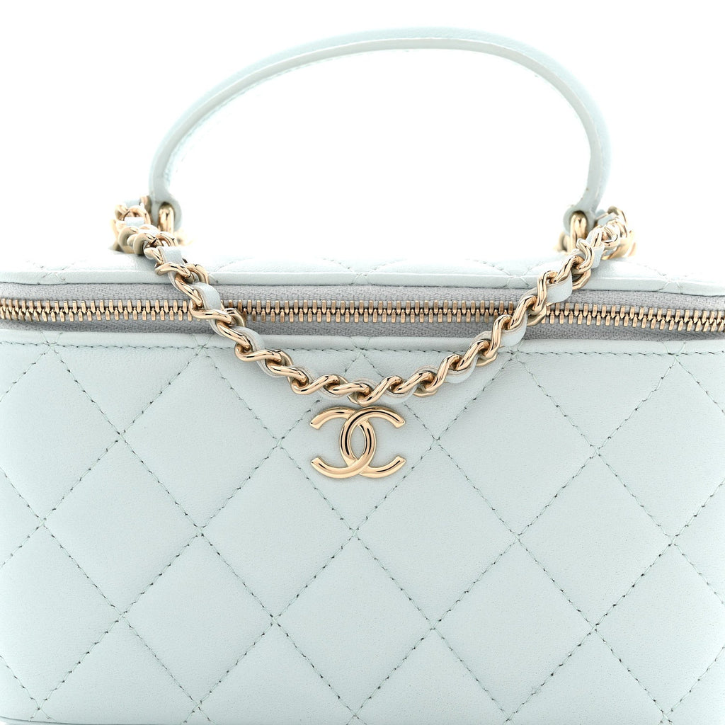 Chanel Lambskin Quilted Small Top Handle Vanity Case With Chain Light Blue