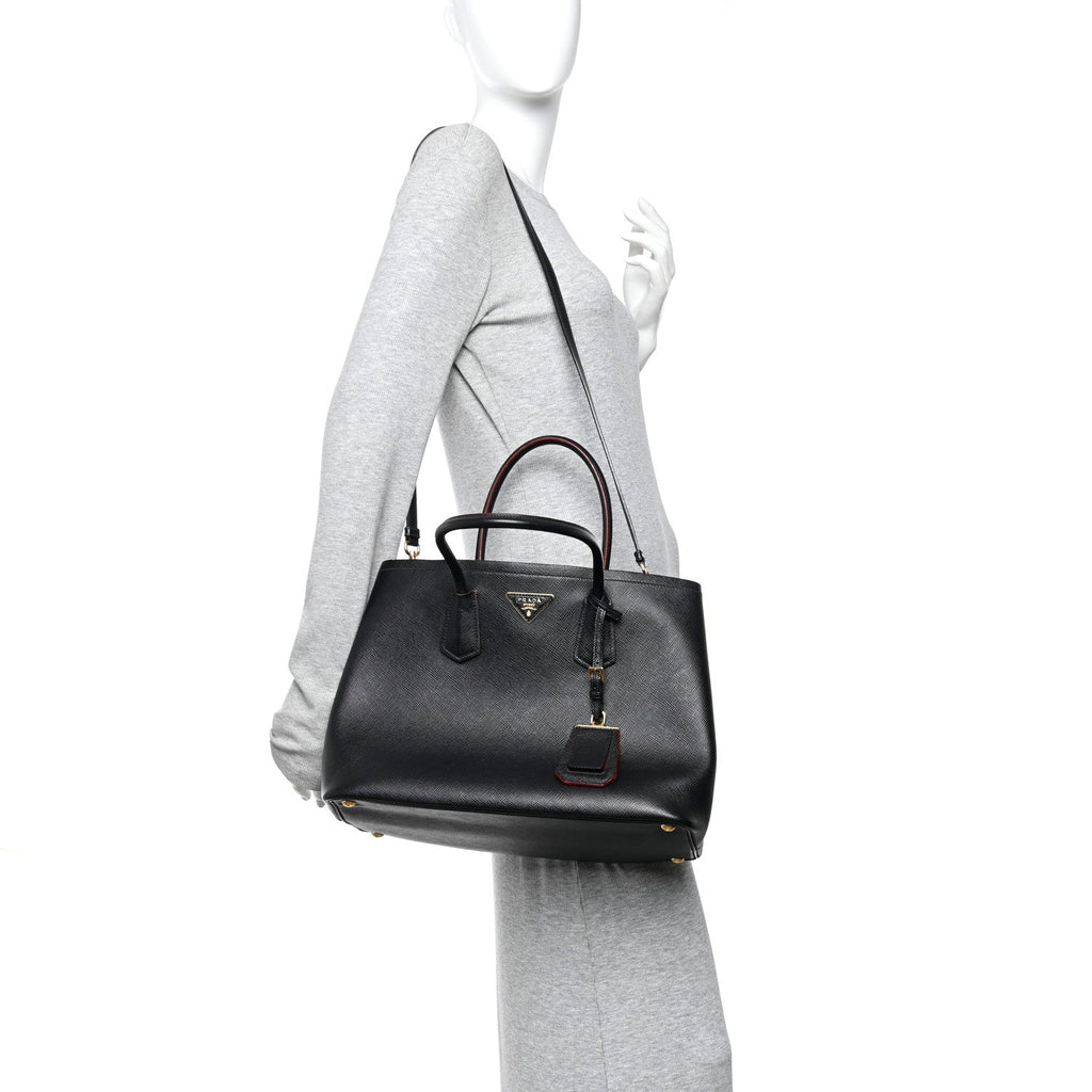 Prada Saffiano Cuir Large Double Bag Black Fuoco
