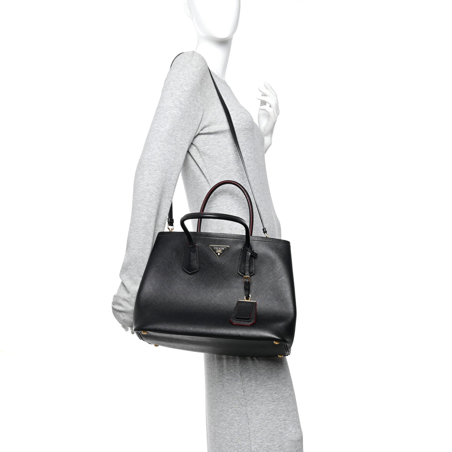 Prada Saffiano Cuir Large Double Bag Black Fuoco
