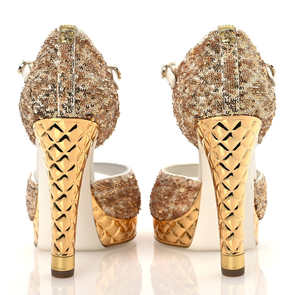 Metallic Sequin Peep Toe Pumps 37.5 Light Gold White