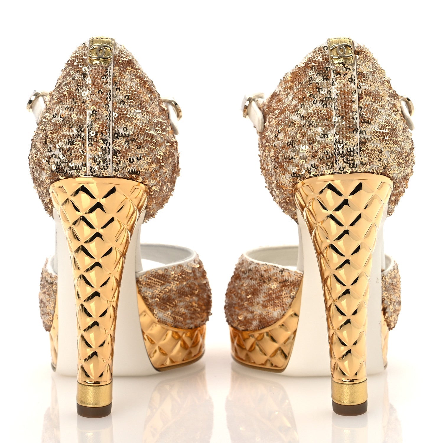 Metallic Sequin Peep Toe Pumps 37.5 Light Gold White