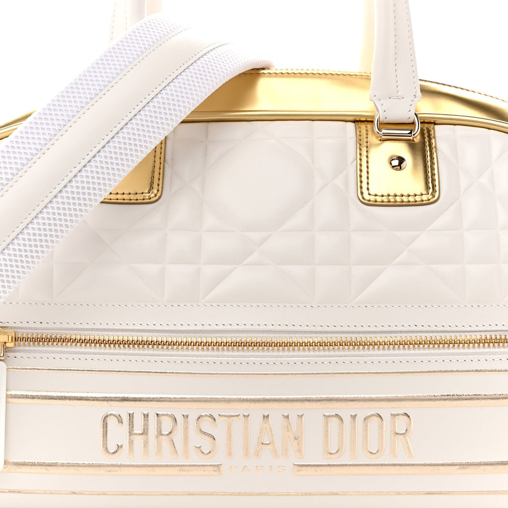 Christian Dior Calfskin Padded Macrocannage Medium Dior Vibe Zip Bowling Bag White Gold