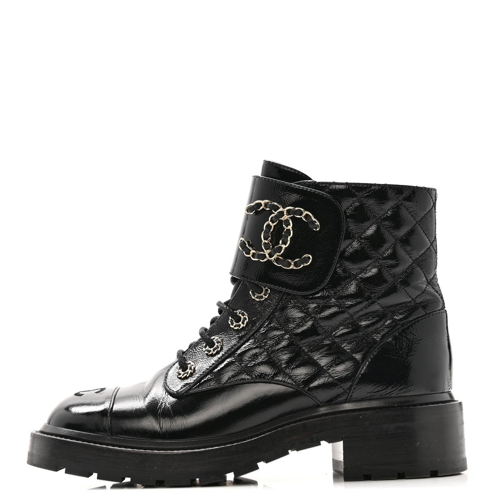 Chanel Shiny Calfskin Quilted Lace Up Combat Boots 39 Black