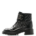 Chanel Shiny Calfskin Quilted Lace Up Combat Boots 39 Black