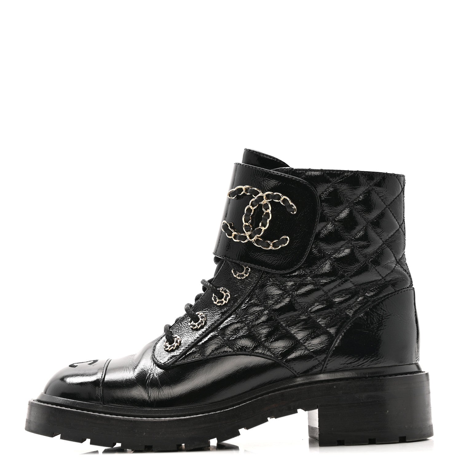 Chanel Shiny Calfskin Quilted Lace Up Combat Boots 39 Black