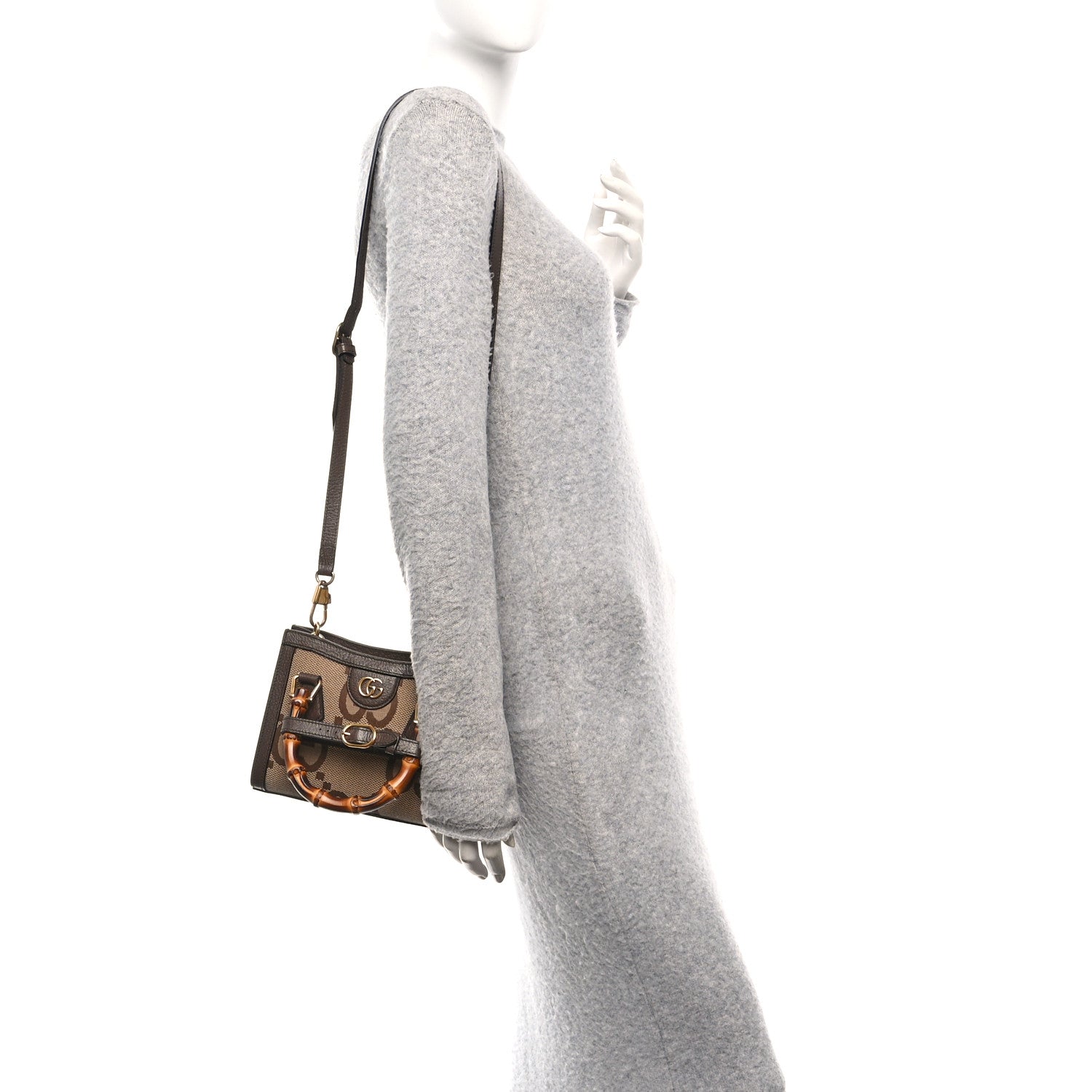 Gucci Monogram Jumbo GG Textured Dollar Calfskin Mini Diana Tote Bag Camel Ebony New Acero