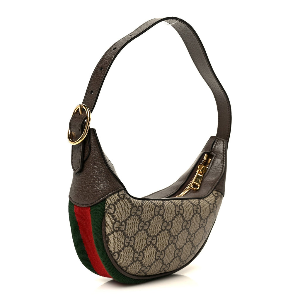 Gucci GG Supreme Monogram Textured Calfskin Web Mini Ophidia Half Moon Hobo Beige Ebony New Acero