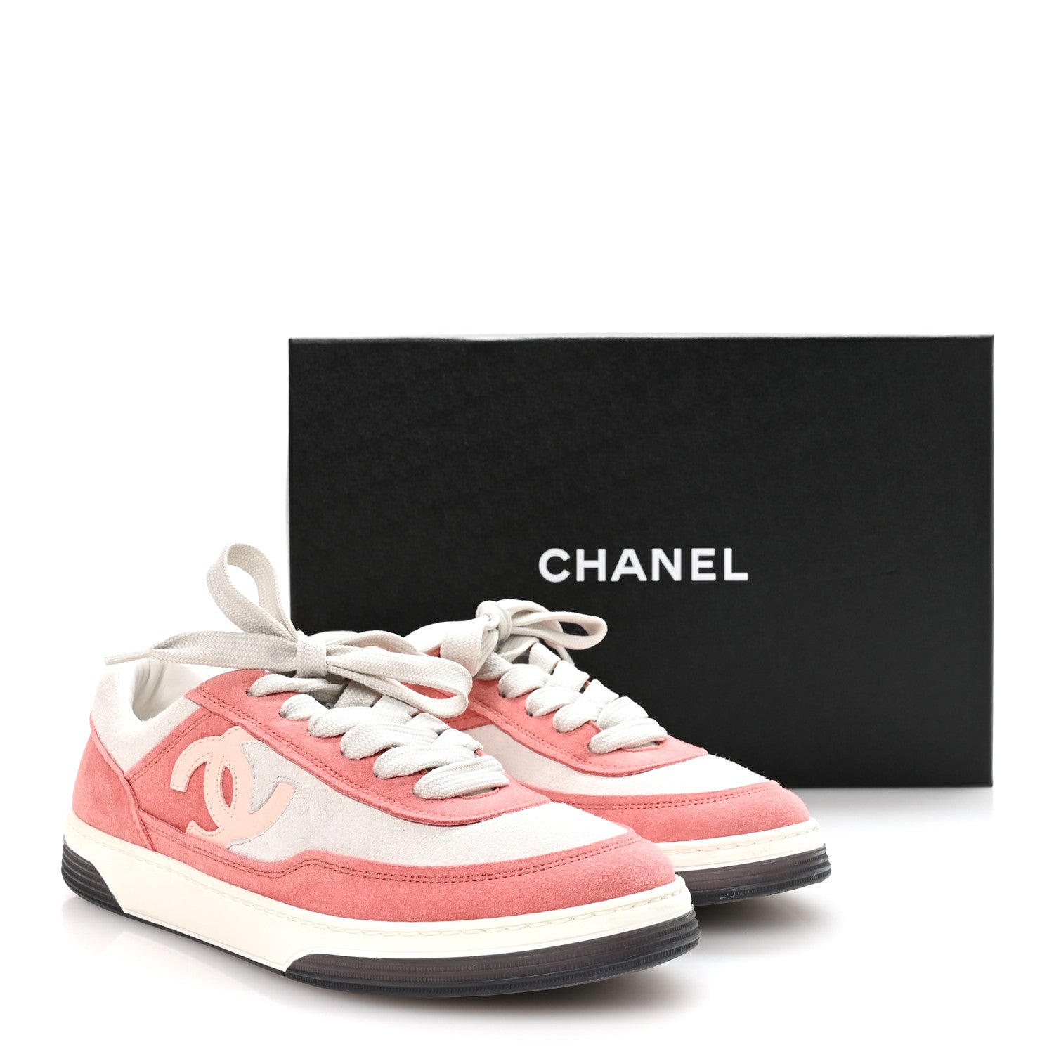 Chanel Suede Kidskin Womens CC Sneakers 38.5 White Pink