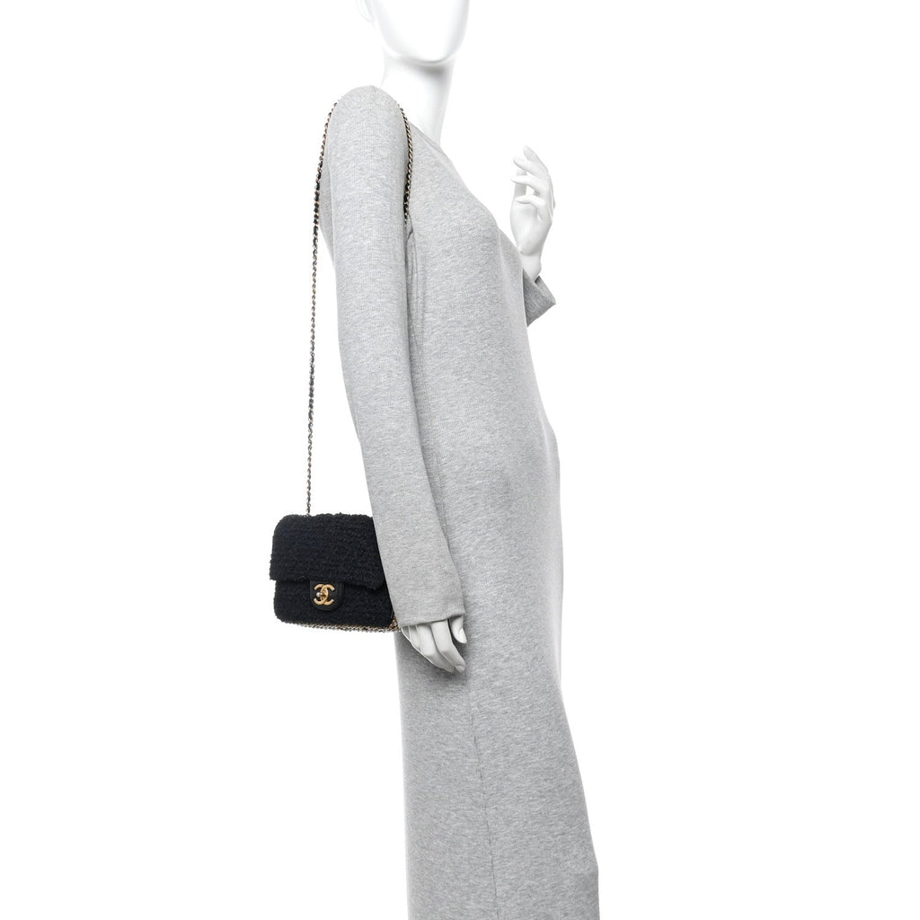 Chanel Tweed Quilted Mini Side Pearl Flap Bag Black