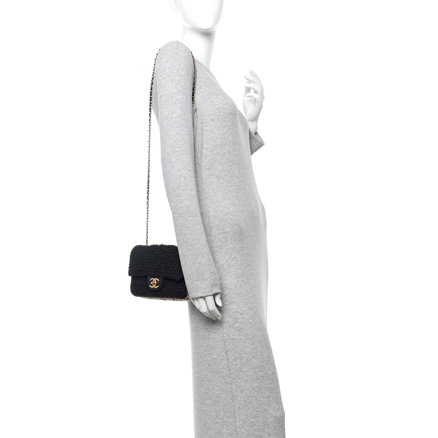 Chanel Tweed Quilted Mini Side Pearl Flap Bag Black