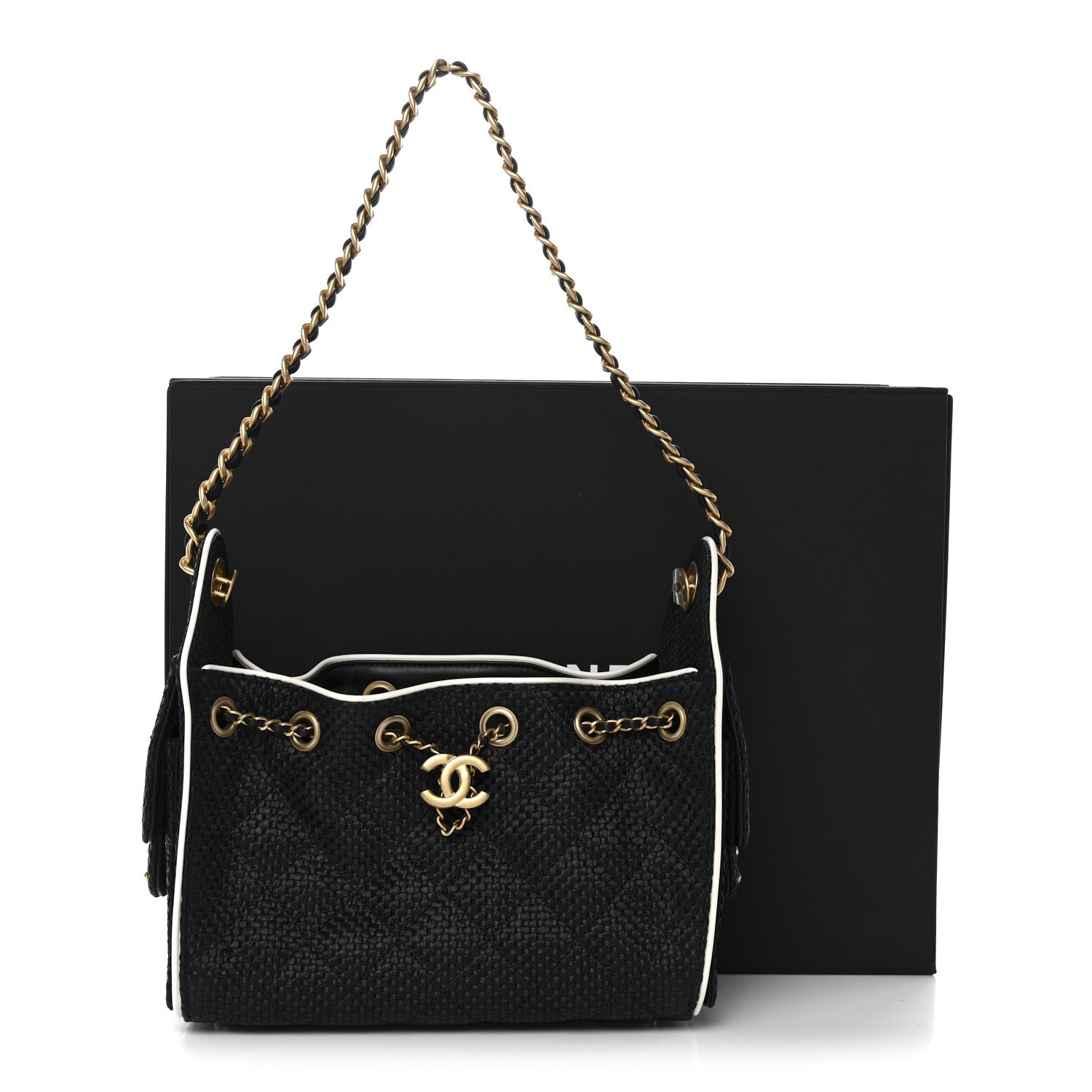 Chanel Braided Raffia Calfskin Quilted Mini Chanel 25 Handbag Black White