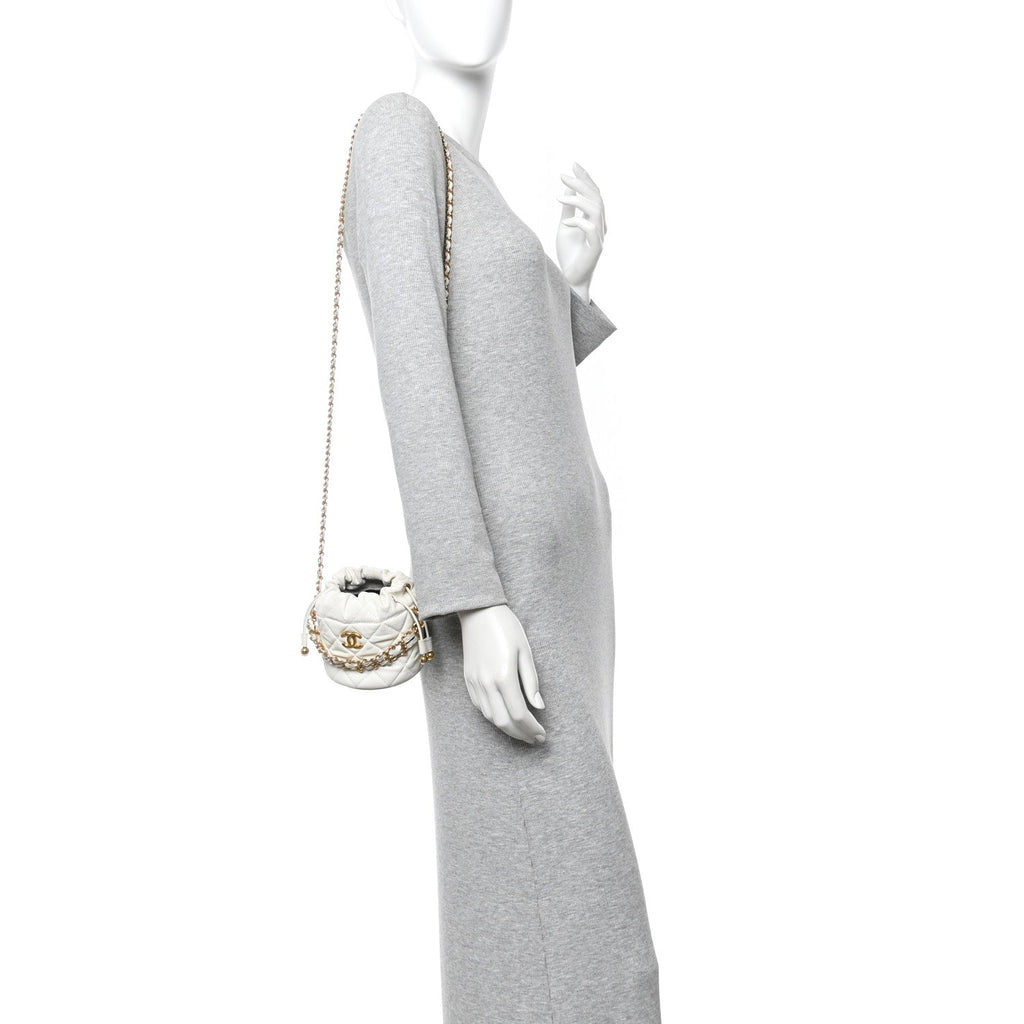 Chanel Caviar Quilted Coco First Bucket Clutch With Chain White