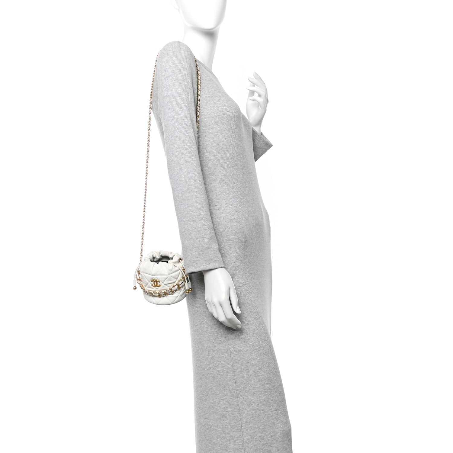 Chanel Caviar Quilted Coco First Bucket Clutch With Chain White