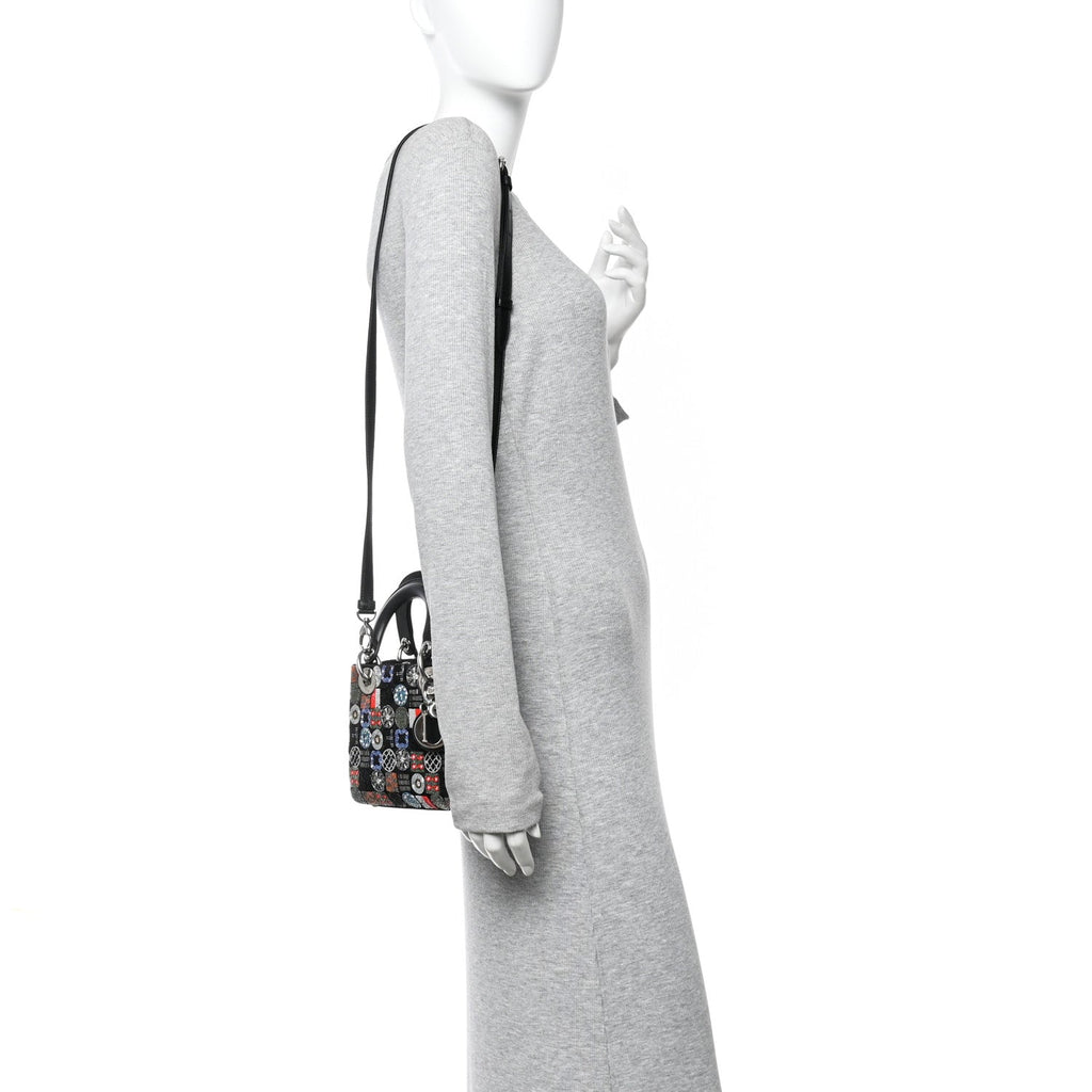 Christian Dior Satin Lambskin Embroidered Beaded Mini Lady Dior Black Multicolor