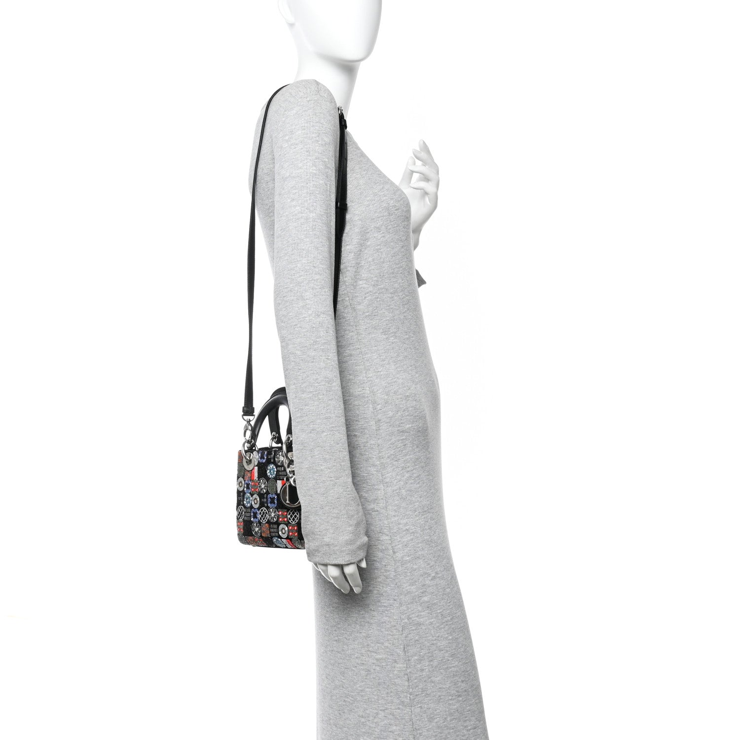 Christian Dior Satin Lambskin Embroidered Beaded Mini Lady Dior Black Multicolor