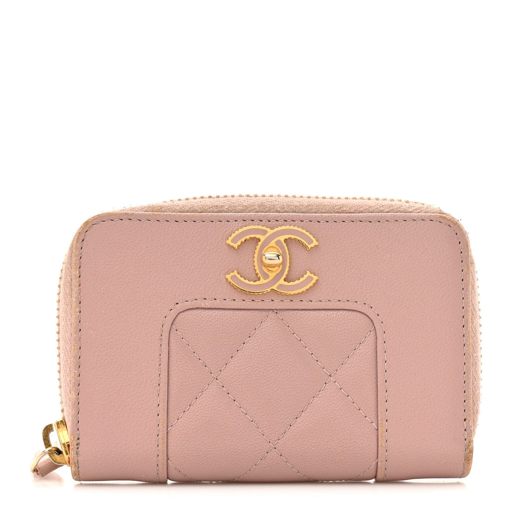 Chanel Sheepskin Quilted Vintage Mademoiselle Zip Coin Purse Pink