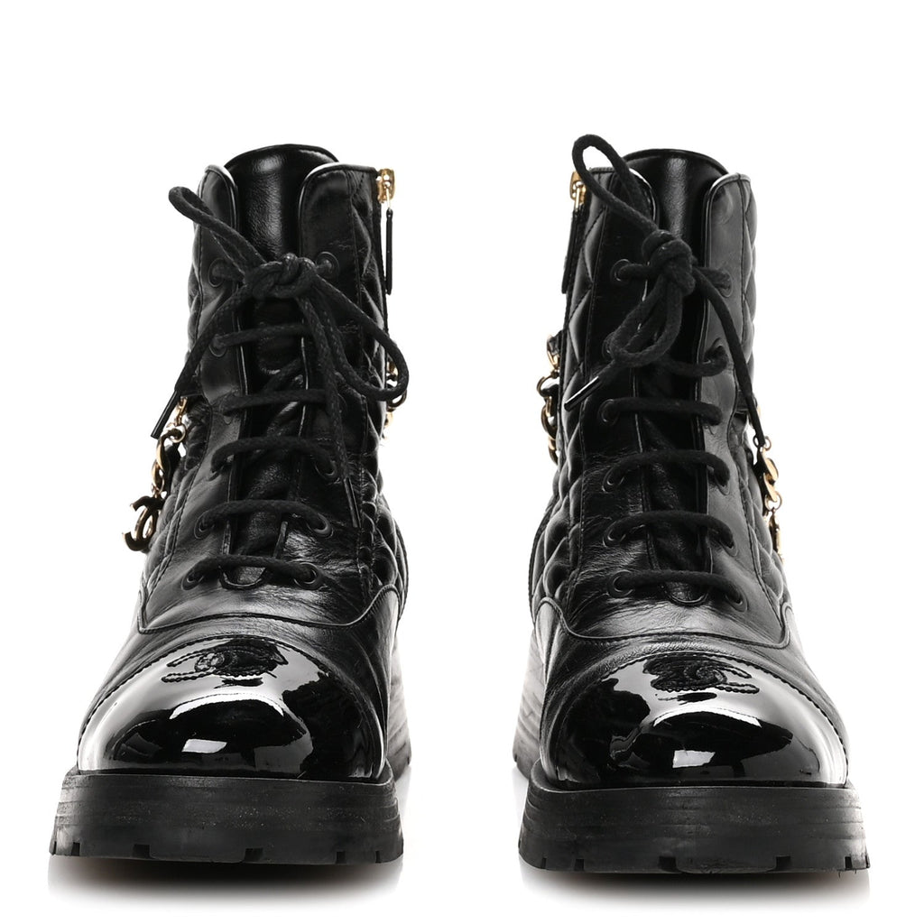 Chanel Shiny Calfskin Patent Quilted Chain Lace Up Combat Boots 40.5 Black