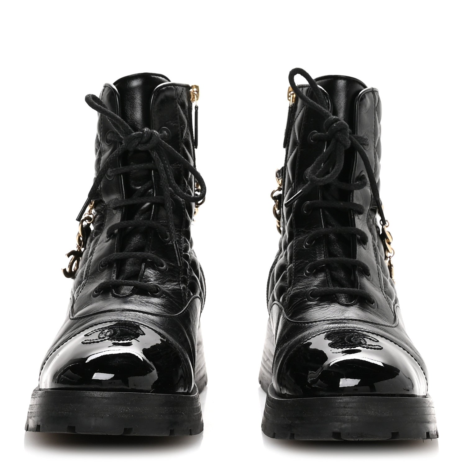 Chanel Shiny Calfskin Patent Quilted Chain Lace Up Combat Boots 40.5 Black