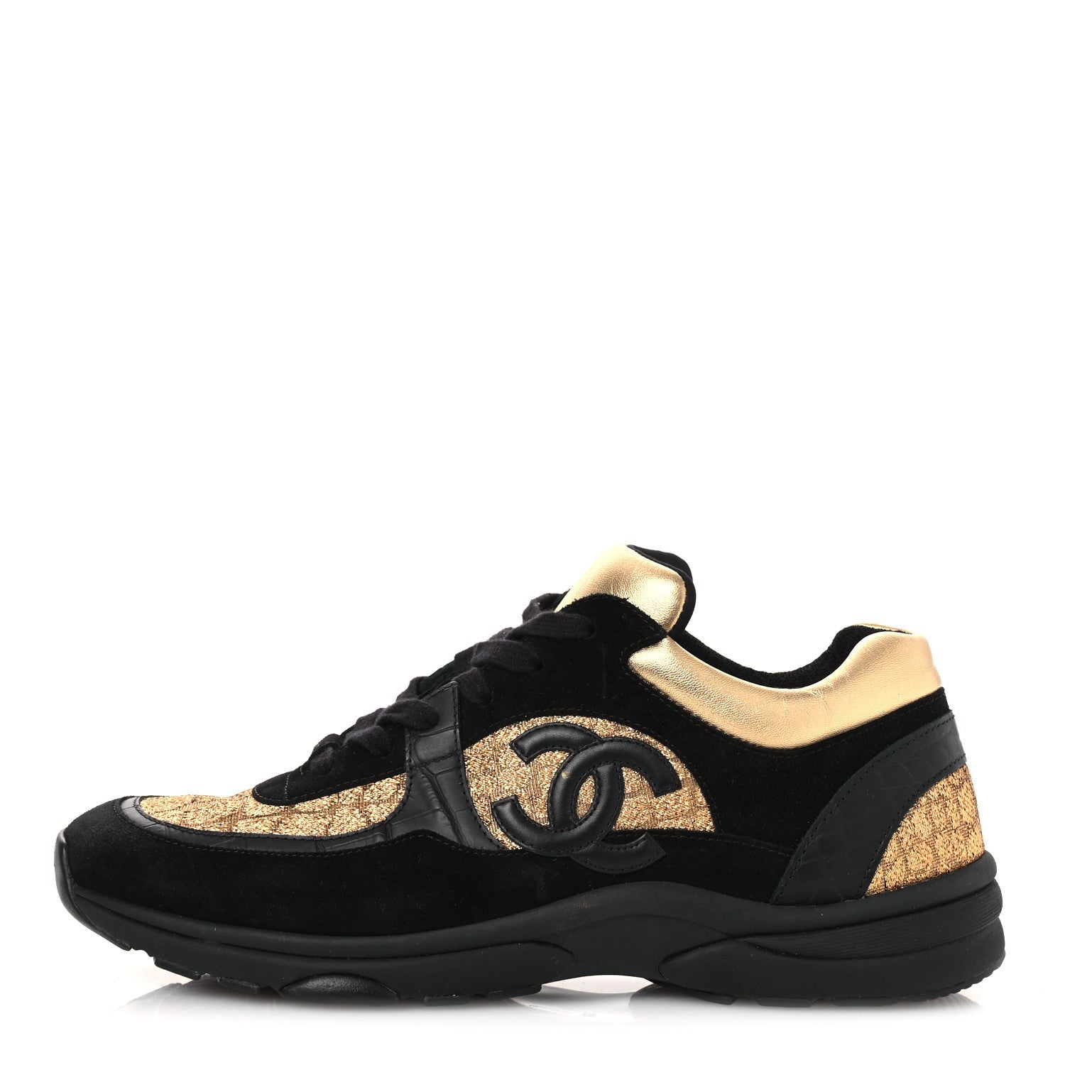 Metallic Fabric Suede Calfskin Crocodile Embossed Mens CC Sneakers 45 Black Gold
