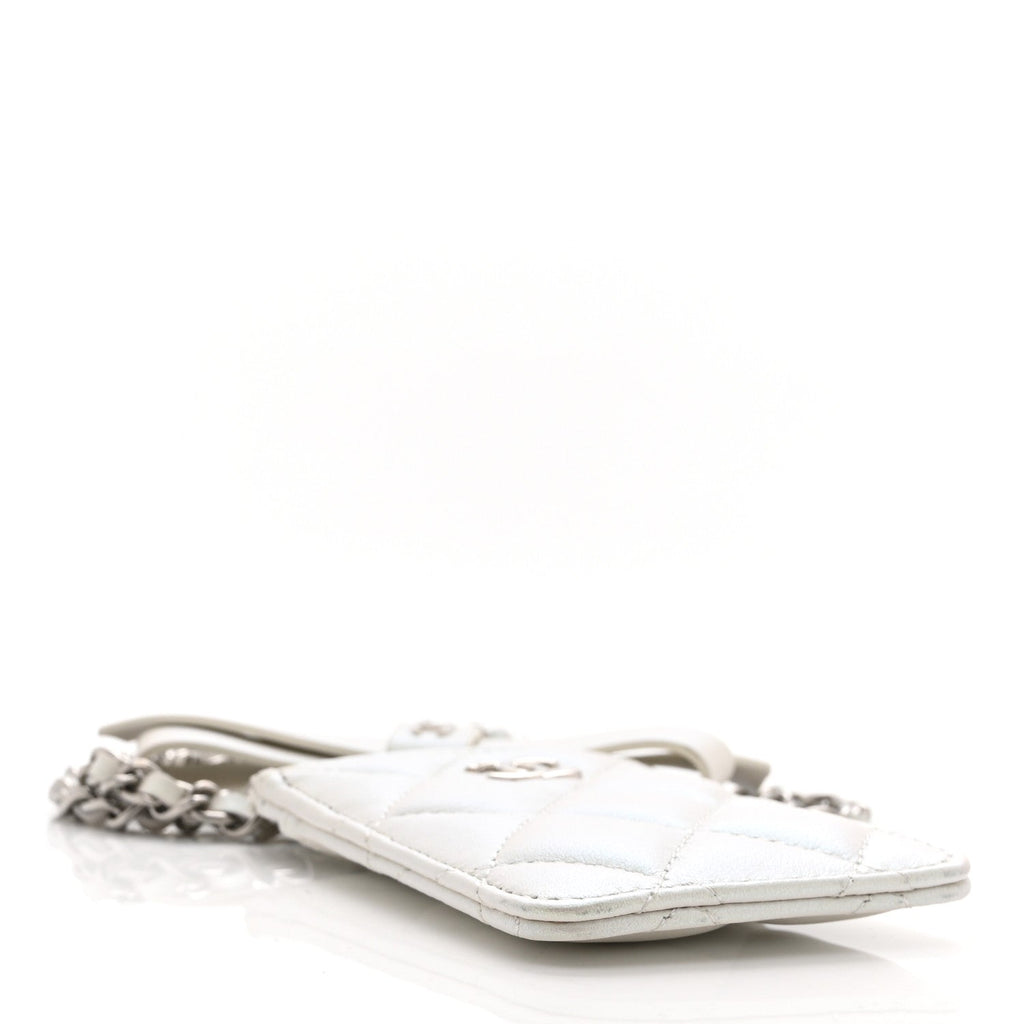 Iridescent Lambskin Quilted Coco Bow Card Holder On Chain White