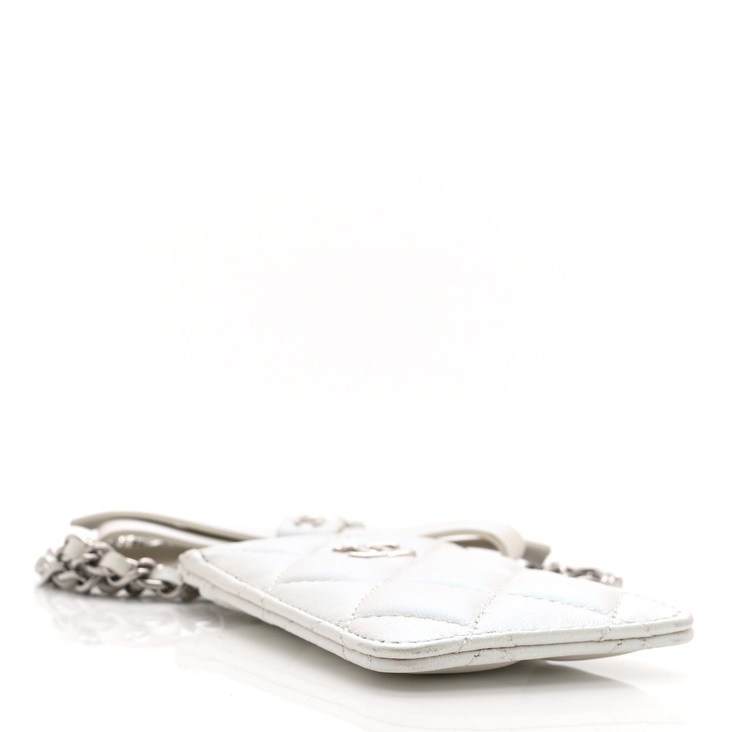 Iridescent Lambskin Quilted Coco Bow Card Holder On Chain White