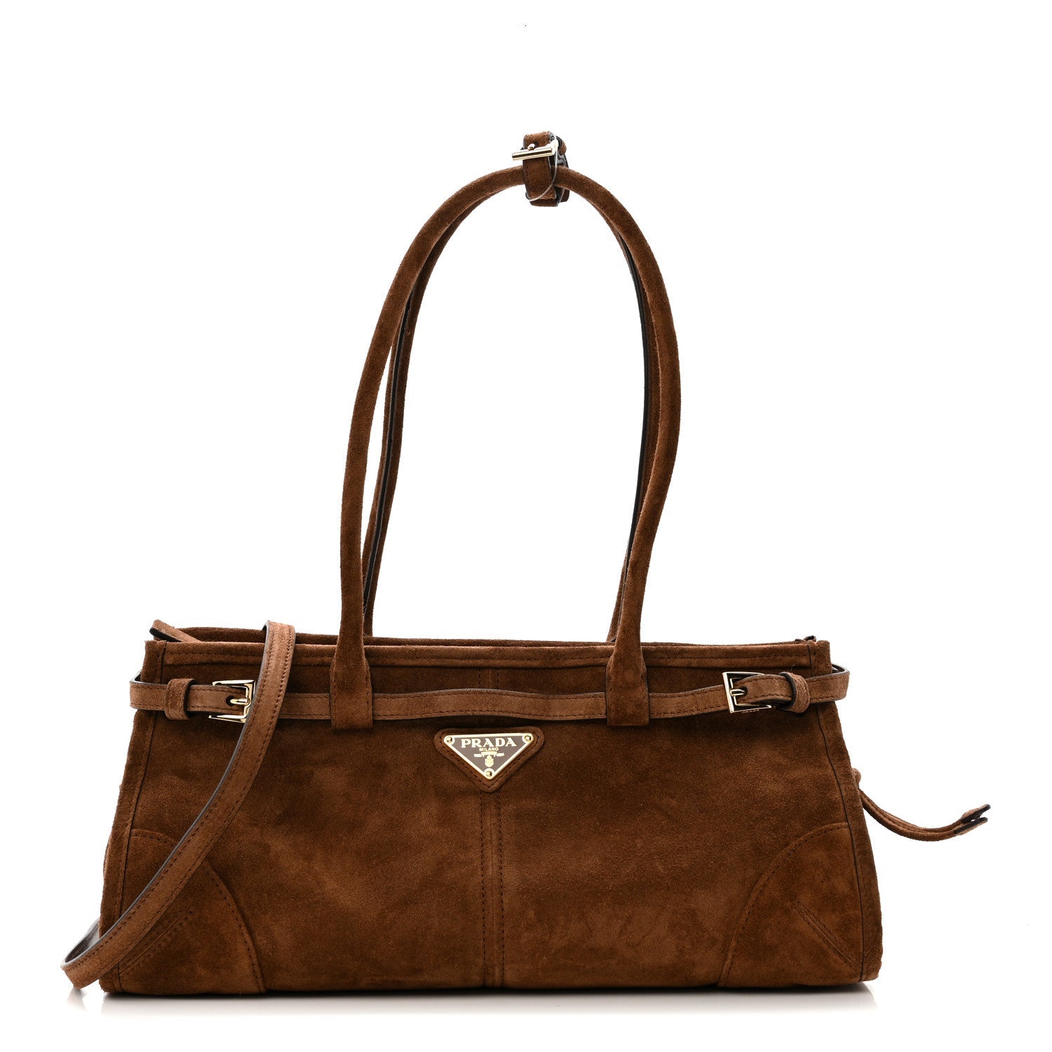 Prada Suede Triangle Medium Bonnie Shoulder Bag Cacao